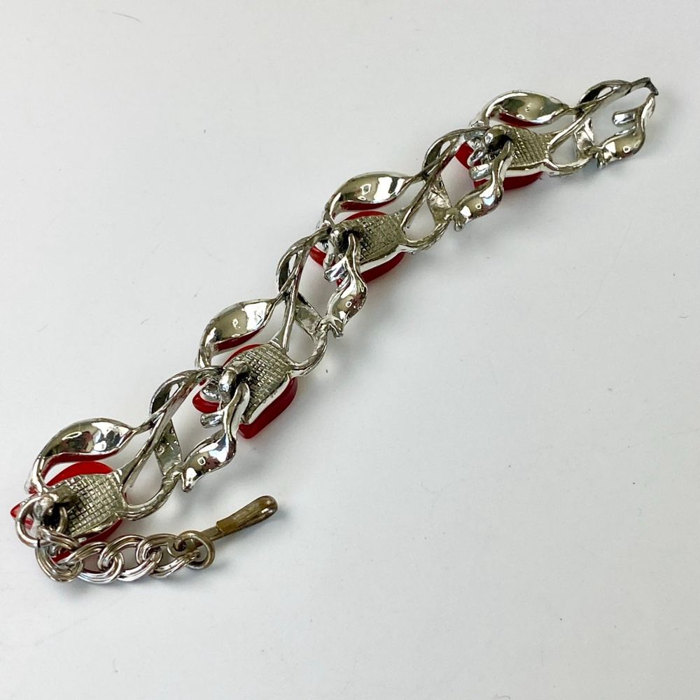 Vintage Red Tulip Thermoset Golden Silver Link Bracelet Signed STAR. - Picture 6 of 7